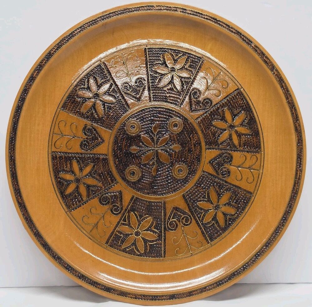 Vintage Polish Folk Art Wood Burning Metal Inlay Floral Decorative Wall Plate